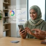 A smiling woman wearing a hijab interacts with a futuristic holographic financial dashboard projected from her smartphone, exploring the top fintech apps 2025 in a modern living room setting.