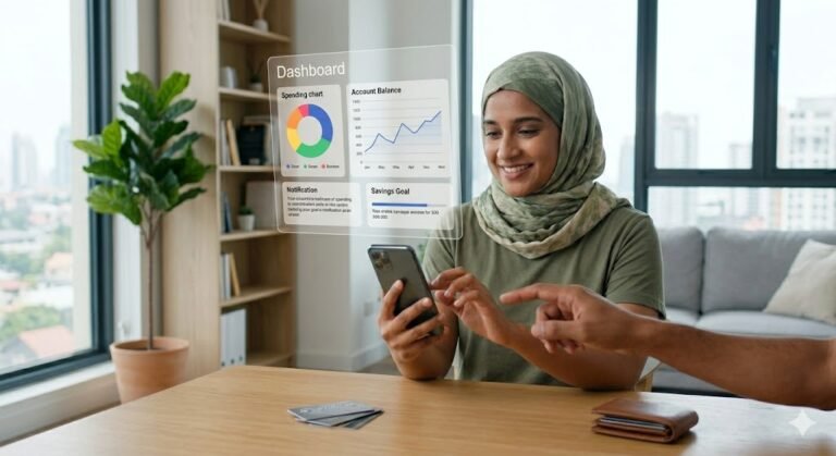 A smiling woman wearing a hijab interacts with a futuristic holographic financial dashboard projected from her smartphone, exploring the top fintech apps 2025 in a modern living room setting.