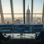 Professional men working at top fintech companies in New York overlooking the city skyline.