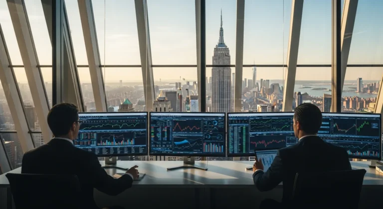 Professional men working at top fintech companies in New York overlooking the city skyline.