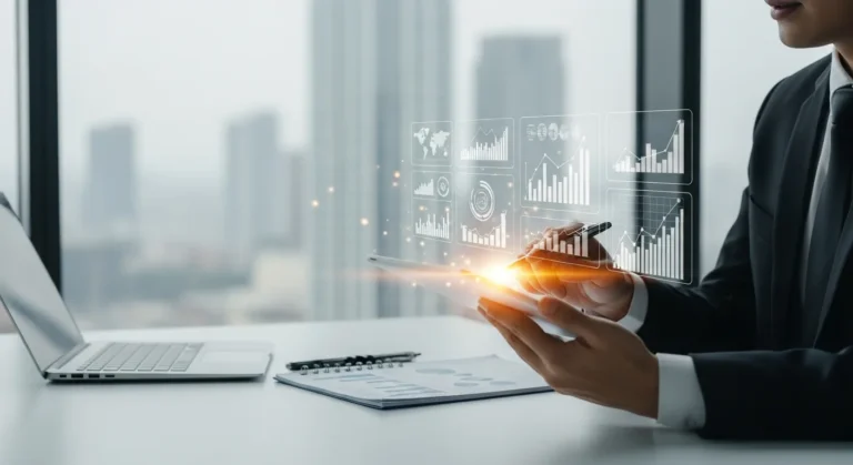 A professional man reviewing data visualizations of top fintech startups on a modern tablet interface.
