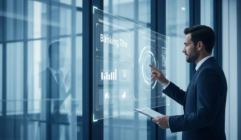 Visualizing agentic AI use cases in commercial banking workflows on a high-tech financial dashboard in 2026.