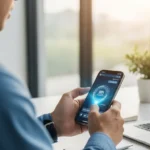 AI agent commerce agentic checkout payments process on a futuristic smartphone interface.