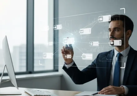 A man monitors AI agentic workflows financial operations automation on a modern digital interface.