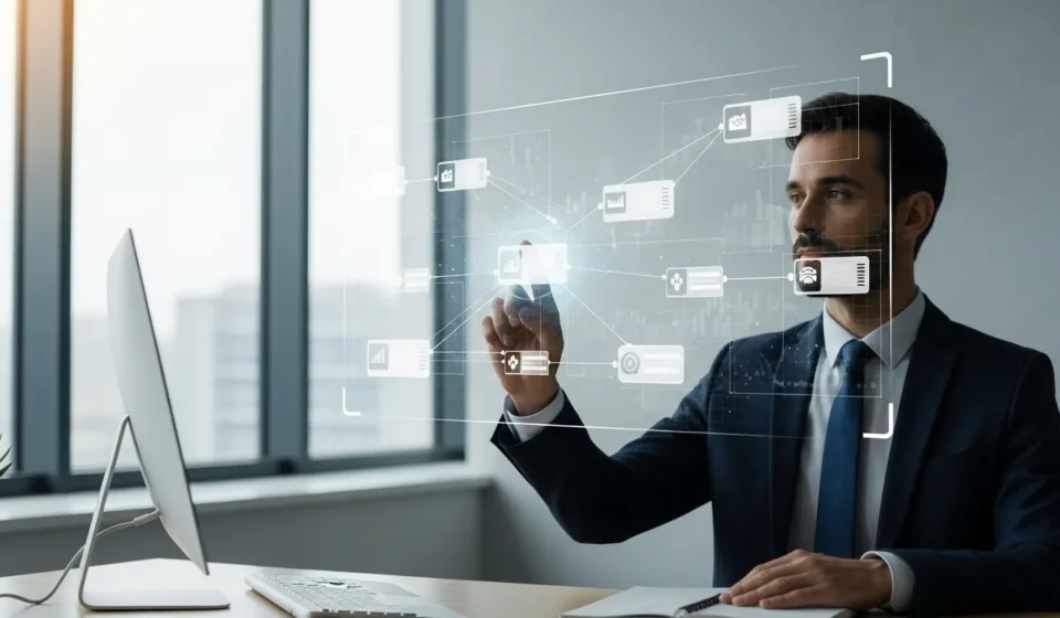 A man monitors AI agentic workflows financial operations automation on a modern digital interface.