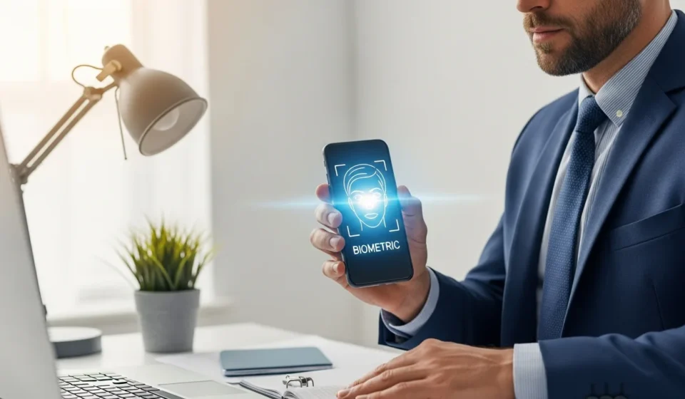 A man using a smartphone for AI customer onboarding KYC automation neobanks implement for secure digital verification.