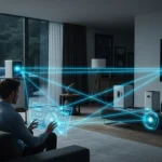 Conceptual visual showing AI-driven dynamic insurance pricing IoT data lowering monthly costs for a connected smart home.