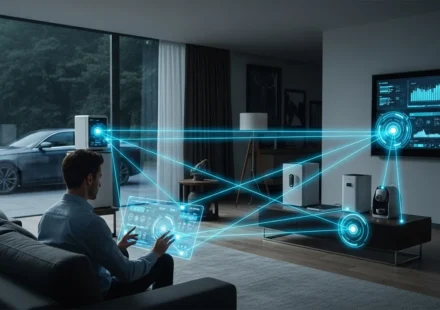 Conceptual visual showing AI-driven dynamic insurance pricing IoT data lowering monthly costs for a connected smart home.