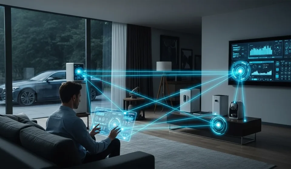 How Does AI-Driven Dynamic Insurance Pricing Use IoT Data to Lower Premiums? Conceptual visual showing AI-driven dynamic insurance pricing IoT data lowering monthly costs for a connected smart home.