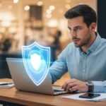 A professional man monitoring AI-driven fraud detection for small businesses on a sleek office computer screen.