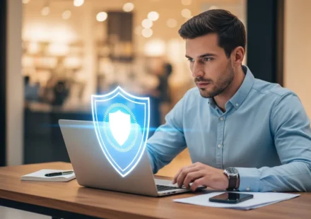A professional man monitoring AI-driven fraud detection for small businesses on a sleek office computer screen.