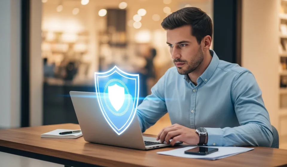 A professional man monitoring AI-driven fraud detection for small businesses on a sleek office computer screen.