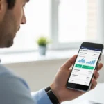 A professional man reviewing AI-driven personalized banking product recommendations on his smartphone in an office.