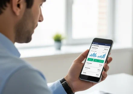 A professional man reviewing AI-driven personalized banking product recommendations on his smartphone in an office.