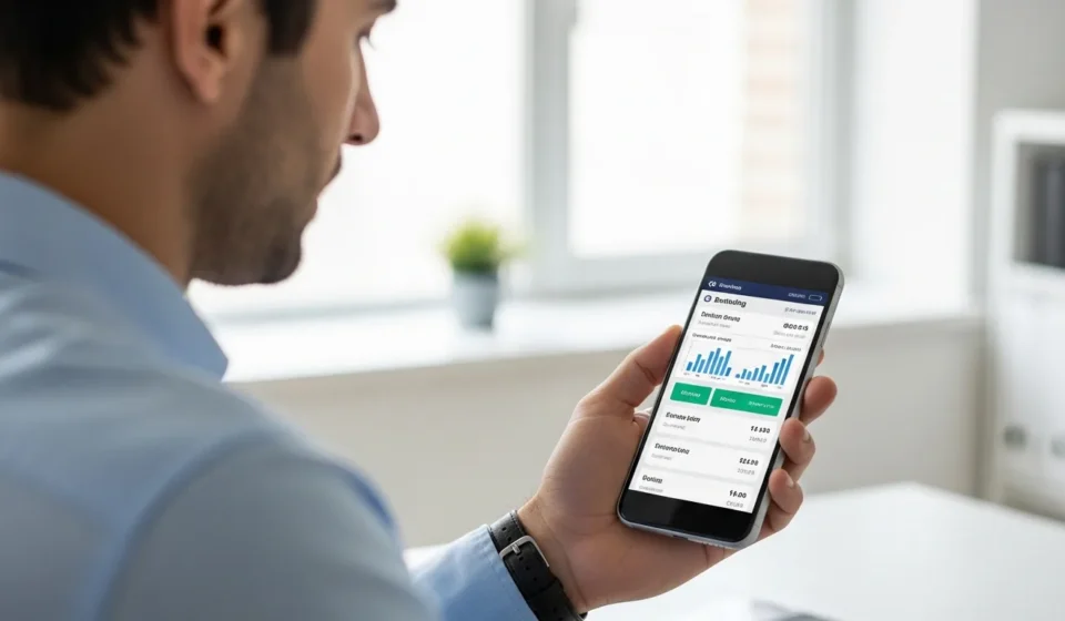 A professional man reviewing AI-driven personalized banking product recommendations on his smartphone in an office.