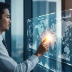 A financial executive analyzing global cash flow data using AI-driven treasury management for corporates on a tablet.