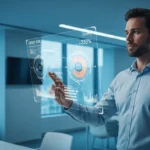 A professional man reviewing data insights for AI explainability in fintech credit models on a modern dashboard.