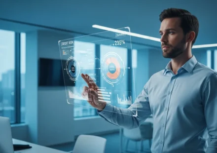 A professional man reviewing data insights for AI explainability in fintech credit models on a modern dashboard.