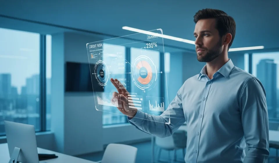 A professional man reviewing data insights for AI explainability in fintech credit models on a modern dashboard.