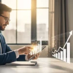 A man using AI financial planning tools for millennials to track wealth growth on a sleek digital interface.