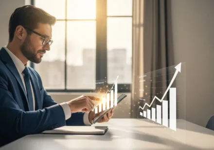 A man using AI financial planning tools for millennials to track wealth growth on a sleek digital interface.