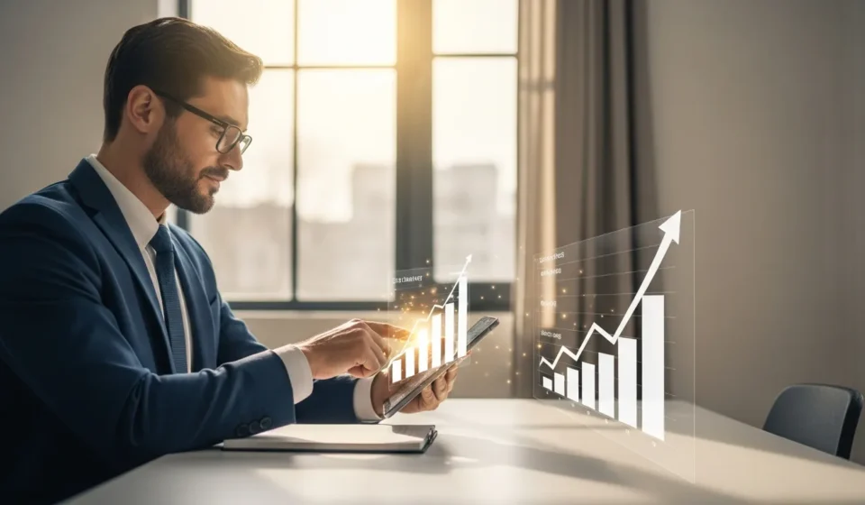 A man using AI financial planning tools for millennials to track wealth growth on a sleek digital interface.