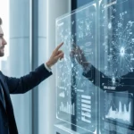 A man reviewing AI governance fintech model audit frameworks on advanced digital interfaces in a modern office.