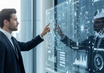 How to Build Robust AI Governance and Fintech Model Audit Frameworks in 2026? A man reviewing AI governance fintech model audit frameworks on advanced digital interfaces in a modern office.