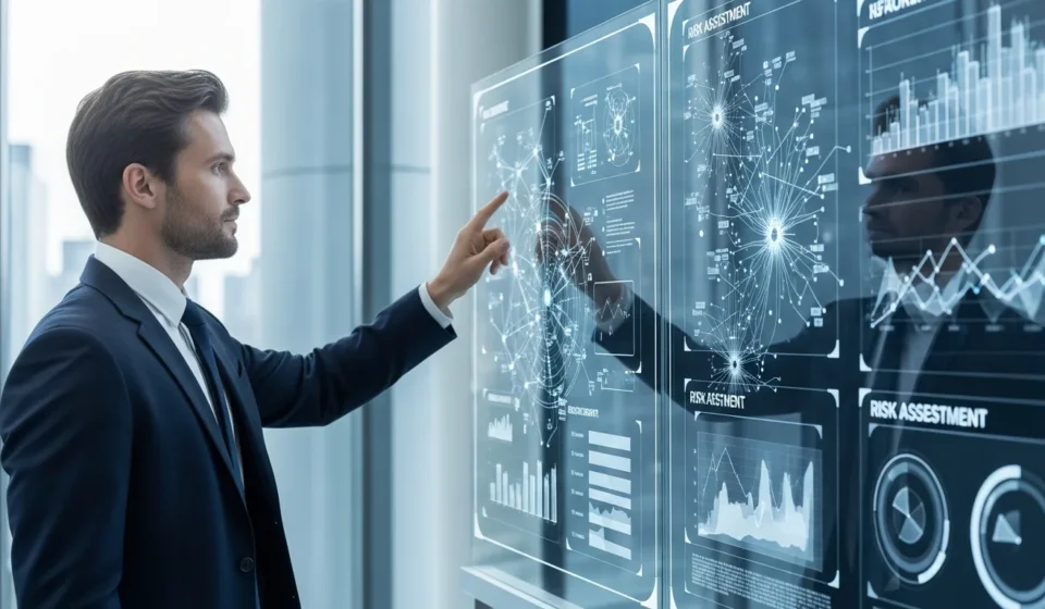 How to Build Robust AI Governance and Fintech Model Audit Frameworks in 2026? A man reviewing AI governance fintech model audit frameworks on advanced digital interfaces in a modern office.