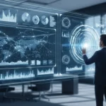 A modern data dashboard displaying real-time analytics for AI-native compliance monitoring platforms in a high-tech office.