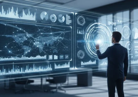 A modern data dashboard displaying real-time analytics for AI-native compliance monitoring platforms in a high-tech office.