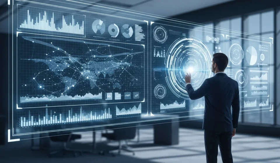 A modern data dashboard displaying real-time analytics for AI-native compliance monitoring platforms in a high-tech office.