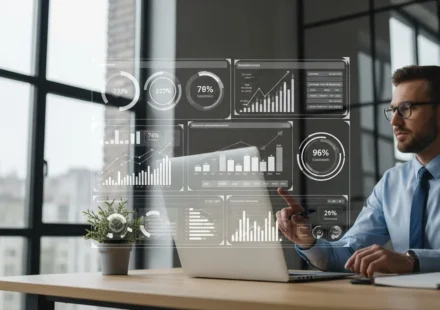 AI-native credit decisioning for SME lending displayed on a modern financial data dashboard.