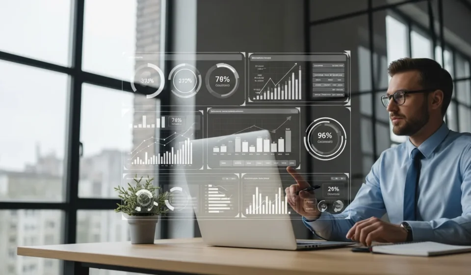AI-native credit decisioning for SME lending displayed on a modern financial data dashboard.