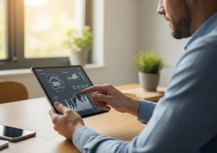 A man reviewing home loan options on AI personalized mortgage advisory platforms in a modern living room.