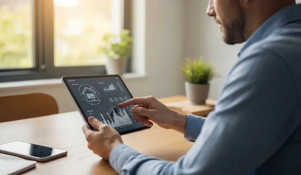 A man reviewing home loan options on AI personalized mortgage advisory platforms in a modern living room.