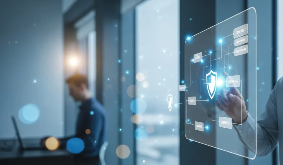 A professional analyzing data on AI-powered AML compliance SaaS platforms for secure financial monitoring.