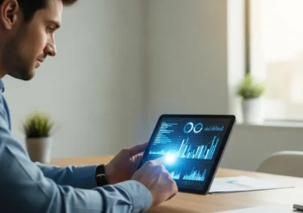 How Can AI-Powered Cash Flow Forecasting Save Your SME from Financial Blind Spots? A businessman reviewing AI-powered cash flow forecasting for SMEs on a digital tablet in a modern office.