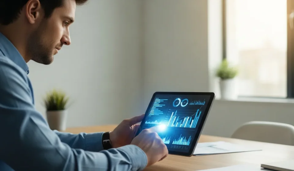 A businessman reviewing AI-powered cash flow forecasting for SMEs on a digital tablet in a modern office.