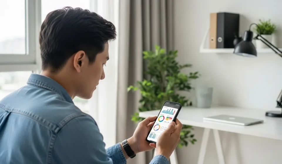 Can an AI-Powered Financial Literacy Chatbot Actually Help Gen Z Save? A young man using an AI-powered financial literacy chatbot Gen Z app to manage his personal savings.