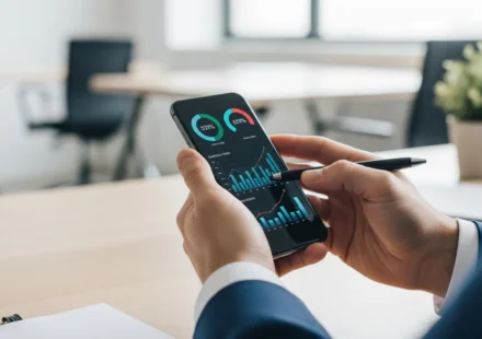 A man using a smartphone app for AI-powered open banking personal finance management to track his investments.
