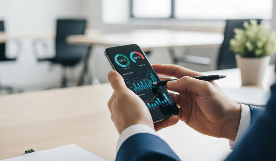 How is AI-Powered Open Banking Changing Personal Finance Management? A man using a smartphone app for AI-powered open banking personal finance management to track his investments.