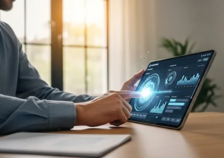 A digital interface showing AI-powered robo-advisor portfolio rebalancing with dynamic growth charts on a tablet screen.