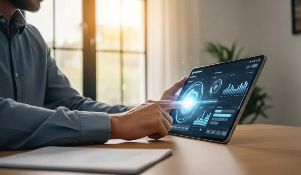 A digital interface showing AI-powered robo-advisor portfolio rebalancing with dynamic growth charts on a tablet screen.