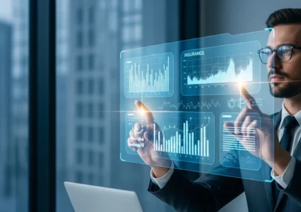 A digital dashboard illustrating AI underwriting for insurtech platforms and data risk assessment.