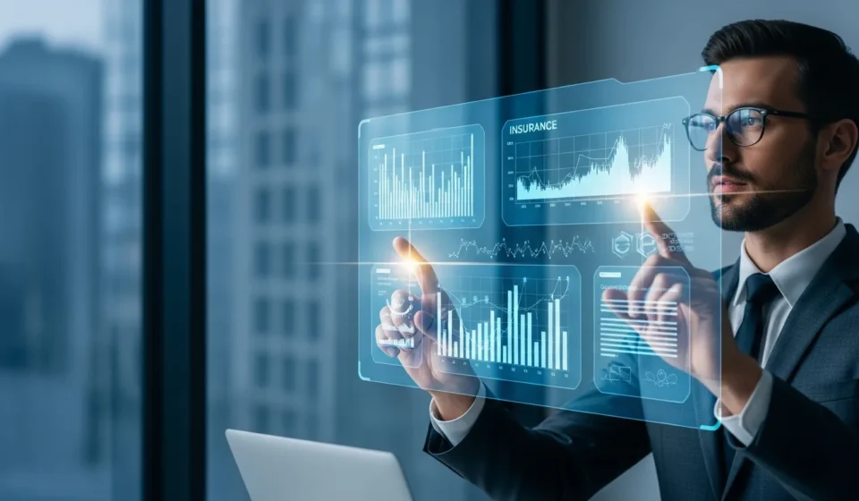 A digital dashboard illustrating AI underwriting for insurtech platforms and data risk assessment.