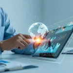A man reviewing global financial data on a digital tablet powered by AWS fintech cloud infrastructure.