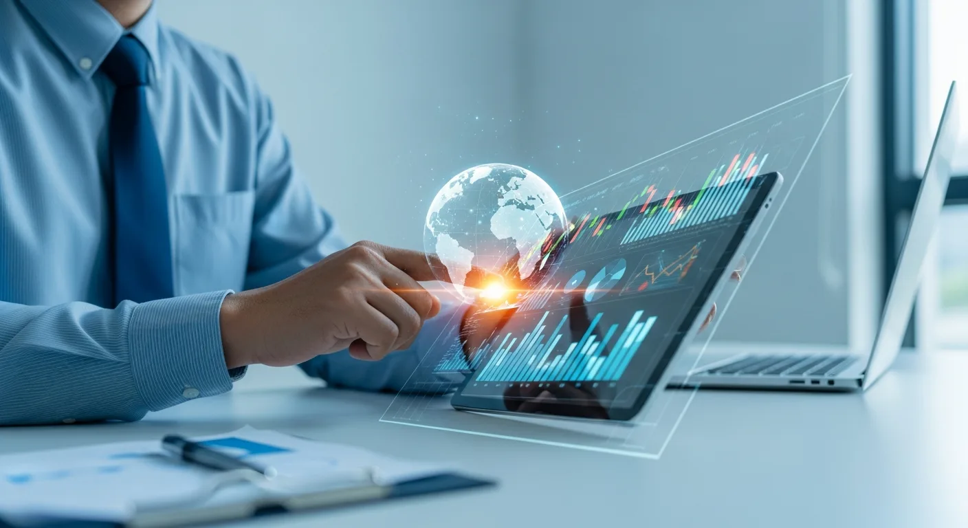 A man reviewing global financial data on a digital tablet powered by AWS fintech cloud infrastructure.