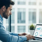 A businessman analyzing financial growth metrics on a laptop using B2B embedded insurance platforms.