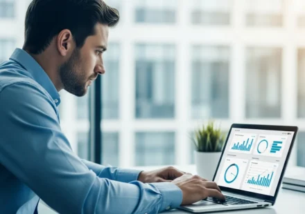 Why B2B Embedded Insurance Platforms Are the Next Big Revenue Engine for SaaS? A businessman analyzing financial growth metrics on a laptop using B2B embedded insurance platforms.